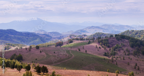 Mountain landscape in early spring, the first greenery and snow on the peaks