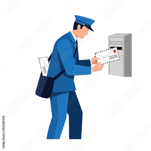 Postman Delivering Mail to Mailbox - Vector Illustration