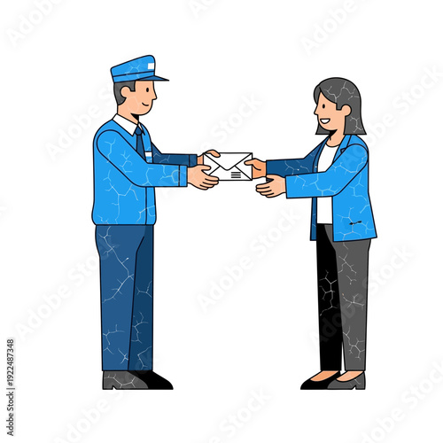 Postman delivering mail to woman, postal service, delivery concept