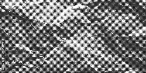 Grunge Halftone paper effect. Halftone crumpled paper texture with black a dotted, rough, and wrinkled surface. Wrinkled white paper in halftone collage style. Vector background