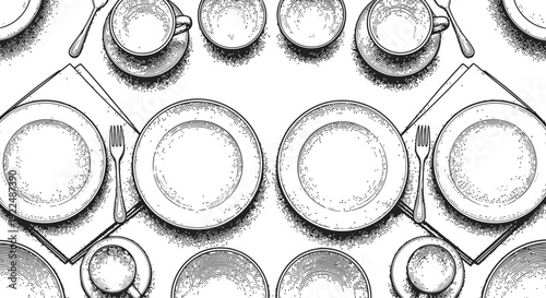Table Setting Pattern with Plates and Cups Hand Drawn Sketch