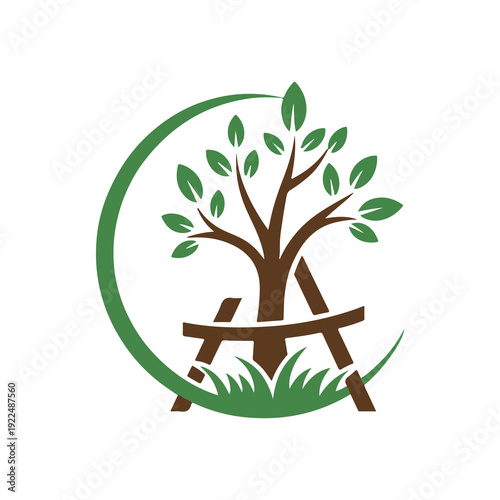 Tree with bench icon in nature inspired design with green leaves and grass
