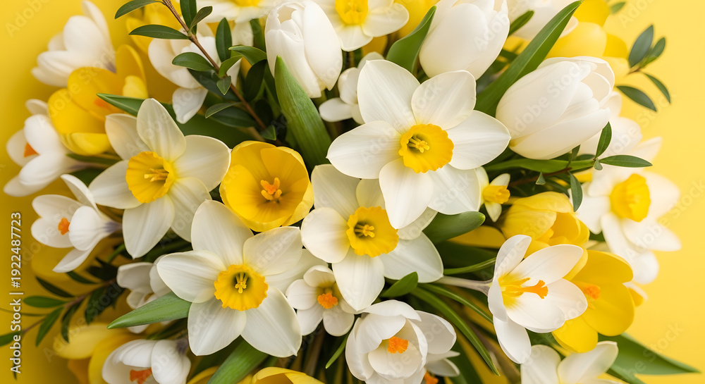 Fototapeta premium Vibrant bouquet of white and yellow daffodils with lush greenery on bright yellow background