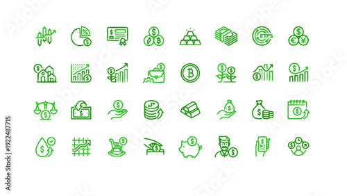 Comprehensive environmental and sustainability icon collection in green style. Features renewable resources, recycling process, eco homes, clean energy, water saving, and organic farming symbols.