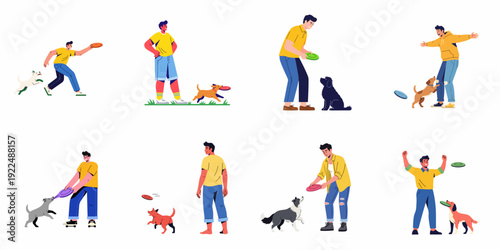 Diverse men playing frisbee and interacting with various dogs, showcasing fun, active, and joyful pet ownership moments.