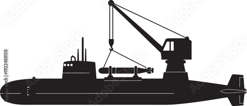 Submarine Loading Torpedo with Crane, Silhouette Vector Illustration Isolated on White