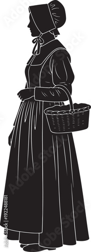 Traditional Woman Holding Basket Silhouette Isolated on White