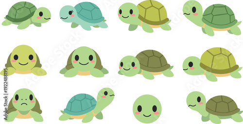 Cute turtle cartoon icon set flat vector collection of adorable sea turtle characters isolated on light background
