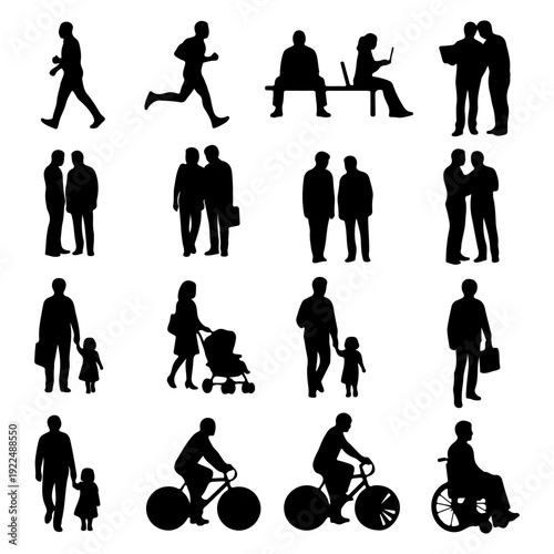 Silhouettes of people in various activities in black and white flat design for graphic elements.