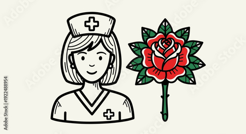 Nurse holding a rose with a gentle smile, showcasing care and compassion in a simple illustration