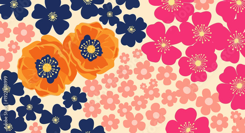 Vibrant floral pattern featuring colorful flowers in various sizes and hues from a close-up viewpoint