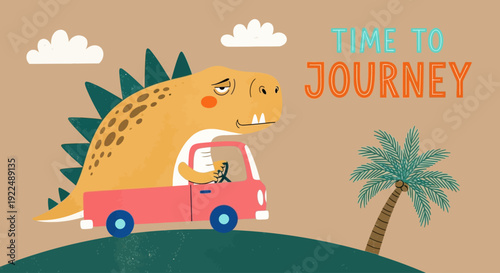 A cartoon dinosaur driving a red vehicle on a hill with a palm tree nearby, ready for adventure