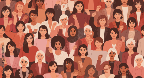 Diverse group of women from different cultures and ages gathered together in a vibrant illustration