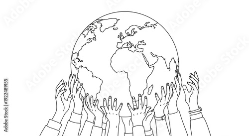 Multiple hands holding a globe, symbolizing unity and global cooperation, viewed from a straightforward perspective.