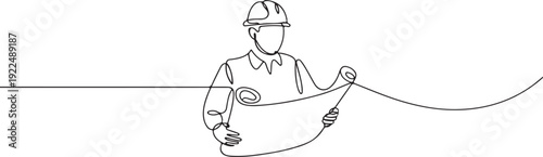 The collaboration of engineers, Construction Engineer Continuous Line Drawing