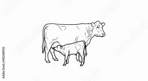 Mother cow nursing a young calf