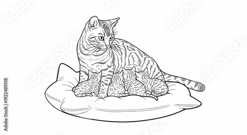 Mother cat nursing kittens on a plush pillow, line art