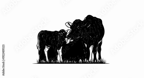 Mother cow with calf, gentle touch, black and white illustration