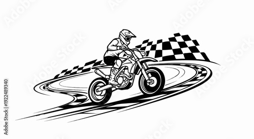 Motocross rider speeds around a checkered flag finish line with motion trails