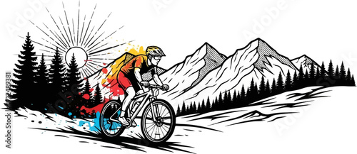 Mountain biker with sun and trees, graphic art style