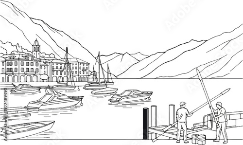 Mountain lake town with boats and dock workers