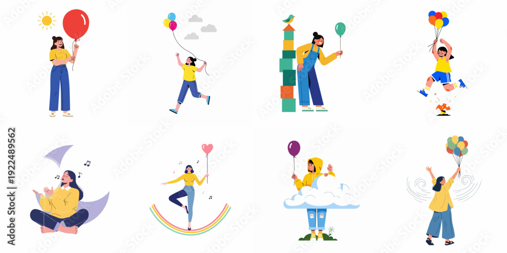 Fototapeta premium Joyful women embracing happiness, freedom, and imagination with balloons and playful elements in a collection of flat illustrations.