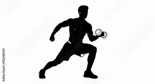 Muscular man in silhouette lifting dumbbell in lunging pose