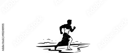 Muscular man sprinting dynamically, a powerful silhouette on a stark background
