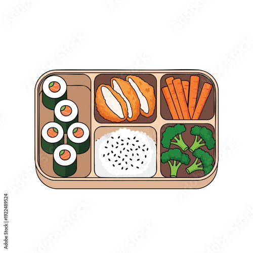 Healthy Japanese Style Bento Box with Sushi Vegetables and Rice