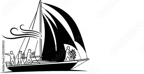 Nautical scene with a sailboat carrying people and billowing sails