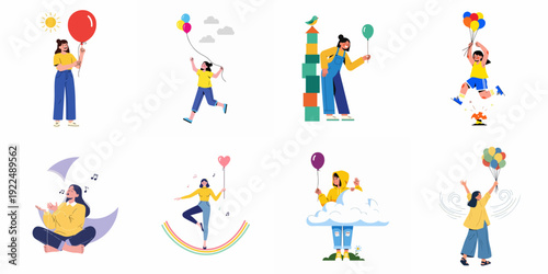 Joyful women embracing happiness, freedom, and imagination with balloons and playful elements in a collection of flat illustrations.