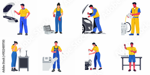 Diverse Auto Mechanics Performing Car Service and Maintenance Tasks, Including Engine Checks, Oil Changes, and Repairs.
