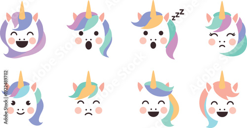 Cute unicorn face cartoon icon set flat vector collection of magical horse expressions isolated on light background