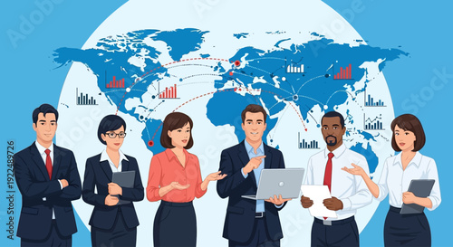 Diverse professionals standing in front of a global map illustration depicting international collaboration and business networking