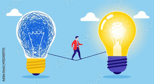 Man walking on tightrope between two light bulbs, symbolizing balance and innovation in a creative environment from a distant viewpoint