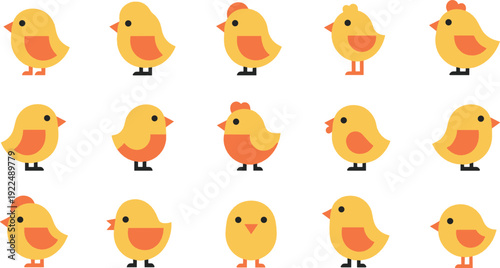 Cute yellow chick cartoon icon set flat vector collection of baby chickens in different poses isolated on light background