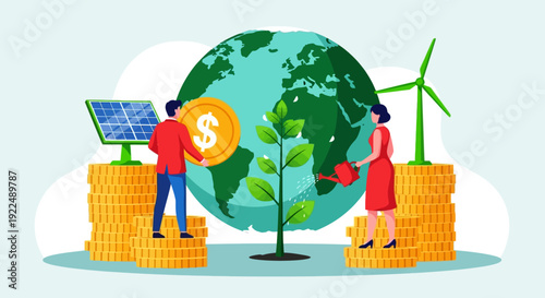 People investing in sustainable energy and eco-friendly projects on a global scale illustration