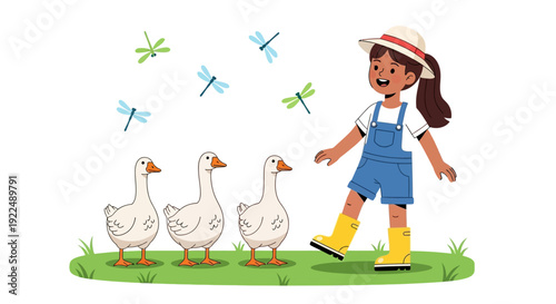 A young girl in overalls walking with geese on a grassy field surrounded by dragonflies