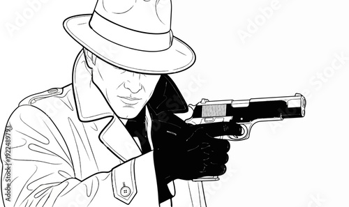 Noir detective with fedora and trench coat aiming a handgun