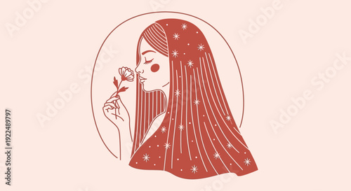 Woman adorned with flowers in her hair, surrounded by serene atmosphere, illustration, gentle viewpoint