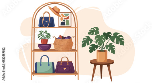 A stylish shelf with bags and a plant on a stool beside it in a minimalist setting viewed from the front