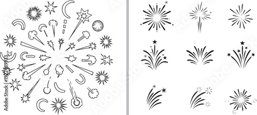 A black-and-white vector collection featuring a circular radial array of diverse spark and cloud icons alongside nine minimalist firework plumes and starburst symbols.