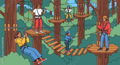 People navigating through a forest treetop adventure course with suspended platforms and rope bridges