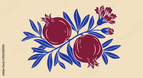 Illustration of two pomegranates with leaves and flowers on a branch
