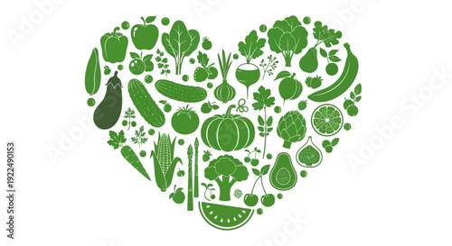 Assorted green vegetables and fruits forming a heart shape on a plain background from a direct viewpoint