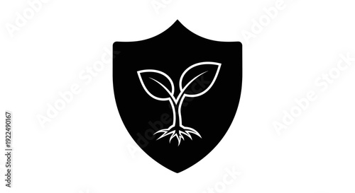 Black shield icon with a white sprouting seedling graphic.