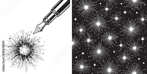 A dynamic vector set featuring high-contrast white fireworks and starbursts on black backgrounds. It includes detailed radiating bursts, glowing particles, and celebratory crowd silhouettes.