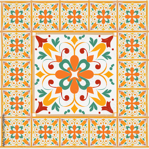 Azulejos ceramic tile design. Talavera tracery motif. Unique creative endless fill swatch.