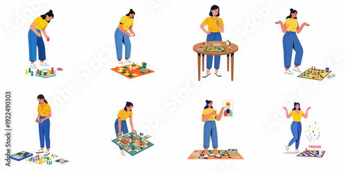 A woman engaged in various board games, from setup to victory, illustrating different stages of play and leisure activity.