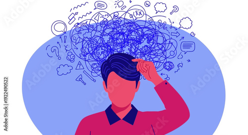 A person thinking deeply with various icons and symbols surrounding their head